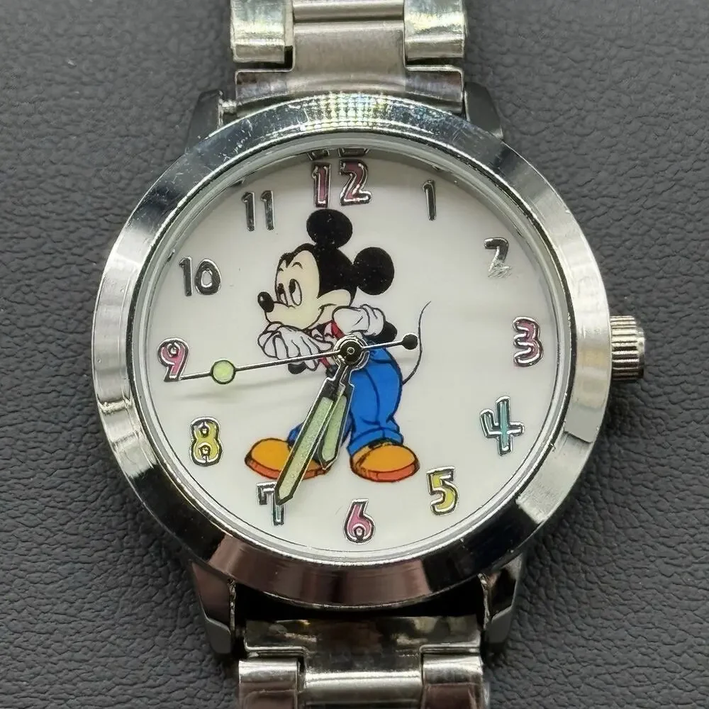 Mickey Mouse Watch Stainless Steel Link Bracelet Silver Tone White Character